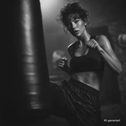 Frau beim Kickboxen am Sandsack